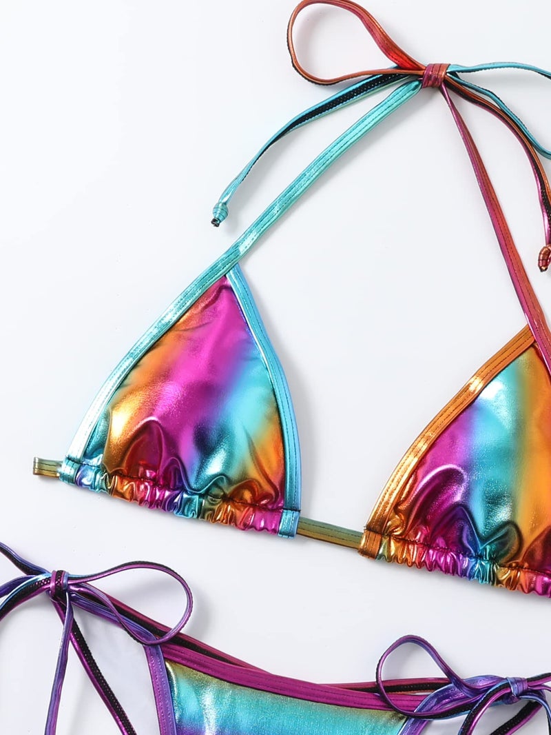 Balasami Women's Liquid Metallic Rainbow Bikini Sets Shiny String Padded Triangle 2 Pieces Swimsuit Set - Image 5
